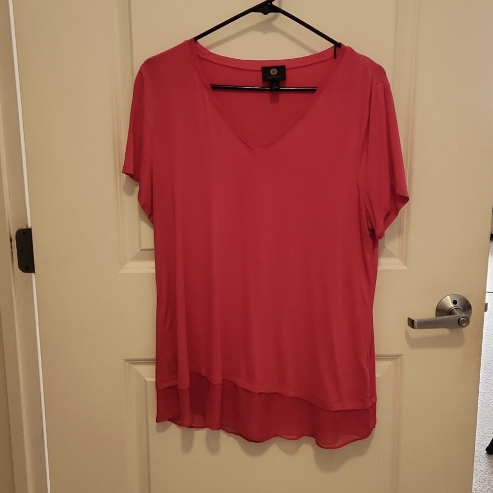 JM Collection pink short sleeved shirt with sheer trim at bottom. Size large